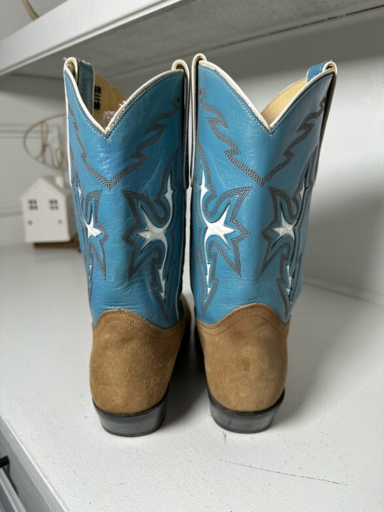 Dan Post Cowgirl Boots Womens 8.5M Genuine Cowhide Tan Blue Western Suede - Picture 6 of 9